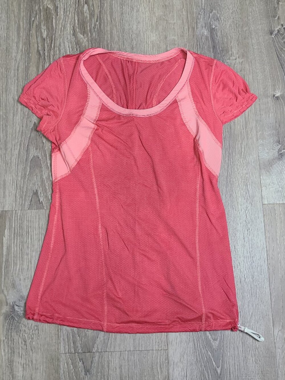 Lululemon Willpower Short Sleeve Tech Top Pink Coral Striped Drawstring Shirt 8